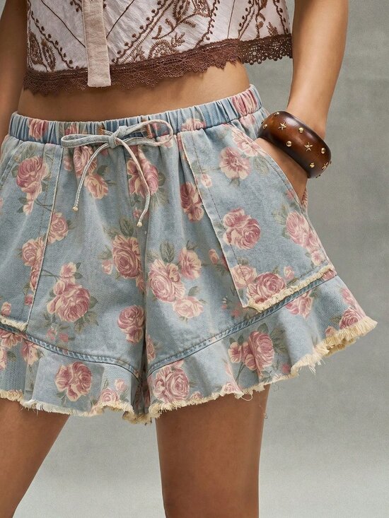 Denim - Light Wash Boho Women's Tie-Waist Floral Denim Skorts